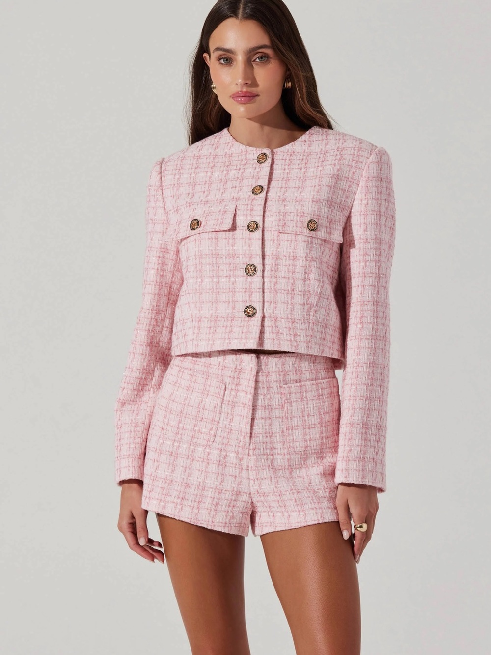 Astr The Label Tweed Crop Jacket Pink